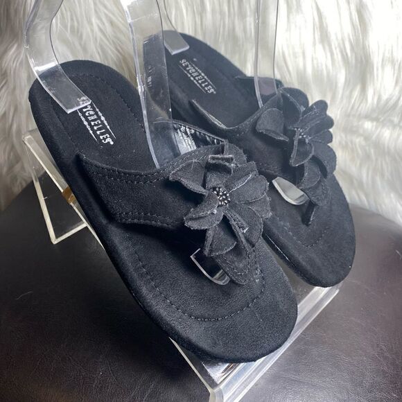 Seychelles Leather Wedge Thong Black Suede Sandal Women's Flower Size 7.5 - Picture 1 of 10